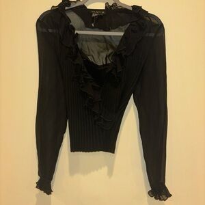 Tracy M. Black Silk Blend Sheer Sleeve Ruffle Blouse – Size M